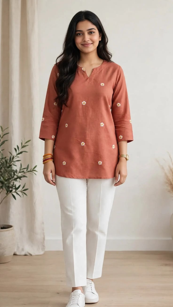 Women Rust Floral Embroidered Straight Kurti