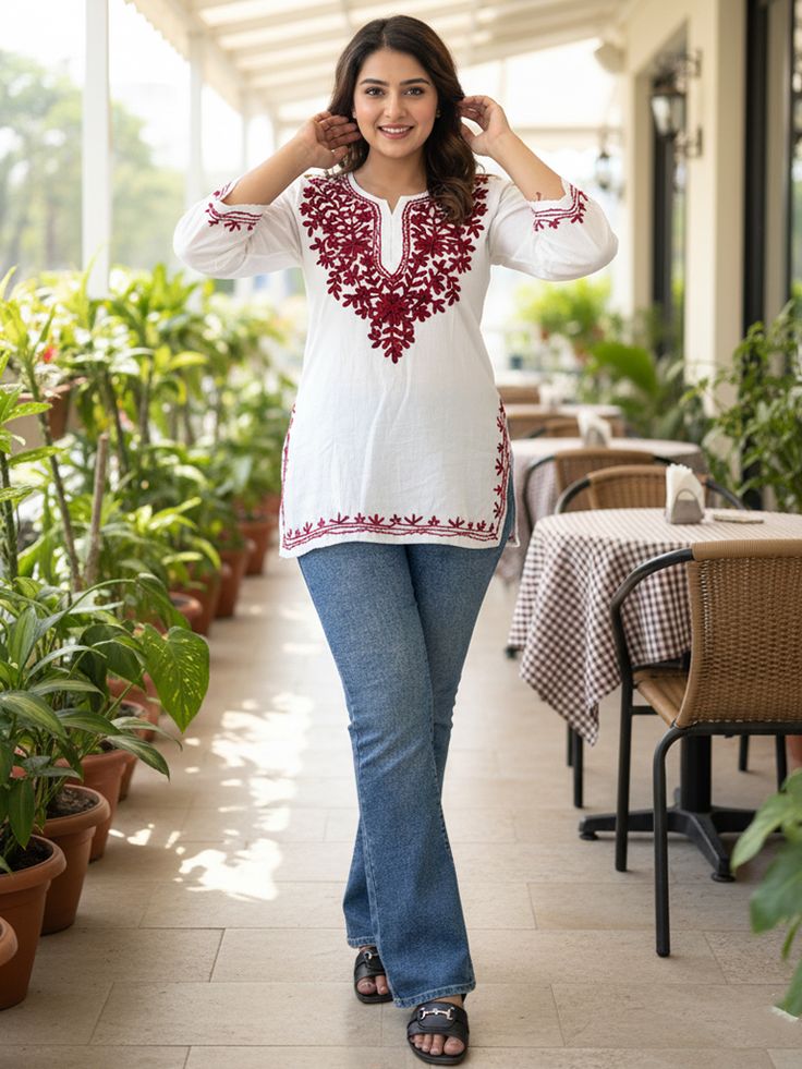 Women White Maroon Embroidered Cotton Kurti