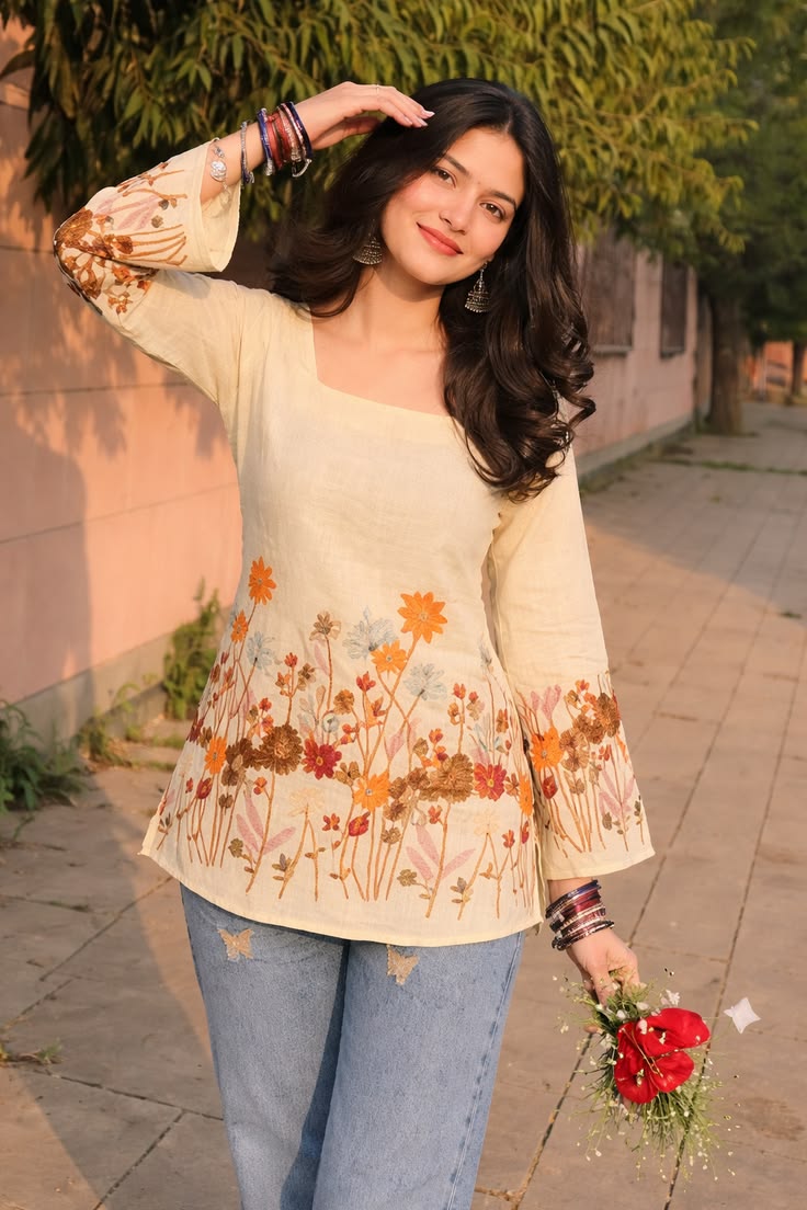 Women Cream Floral Printed Flared Kurti