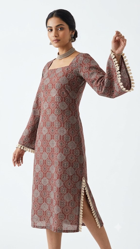 Women Brown Floral Printed Lace Trim Kurti