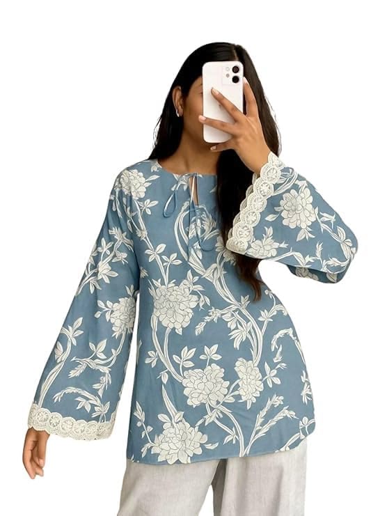 Women Blue Floral Printed Bell Sleeve Kurti