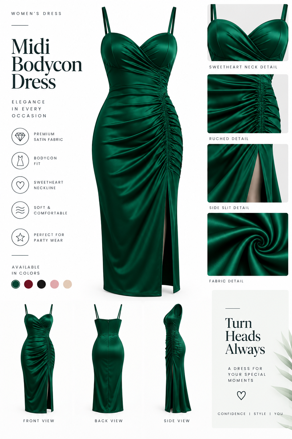 Emerald Green Ruched Bodycon Midi Dress