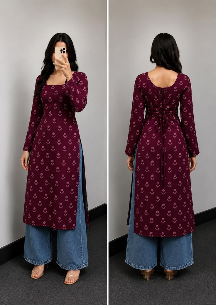Women Wine Printed Kurti with Wide Leg Pants
