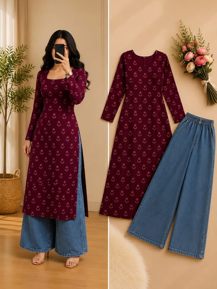 Women Wine Printed Kurti with Wide Leg Pants