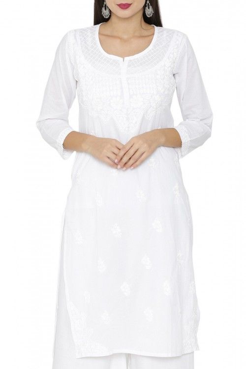 Women White-on-White Embroidered Straight Kurti