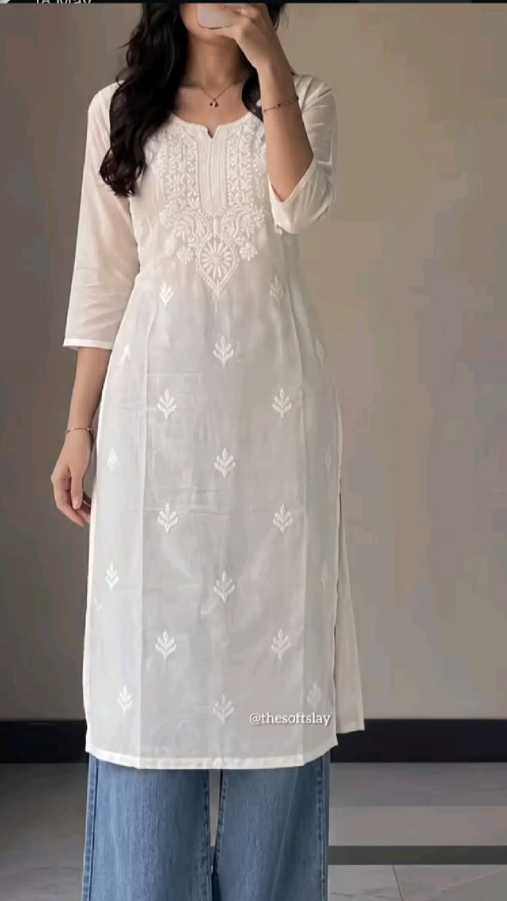Women White-on-White Embroidered Straight Kurti