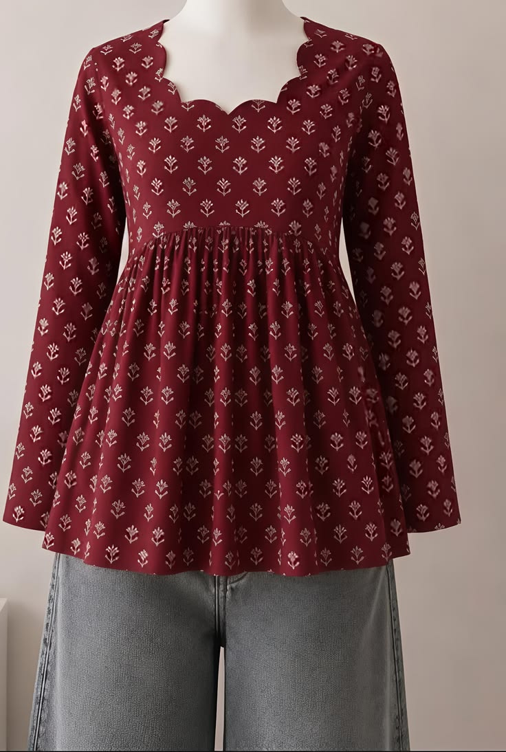 Women Maroon Printed Long Sleeve Kurti