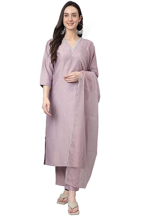 Women Lavender Straight Kurta with Dupatta