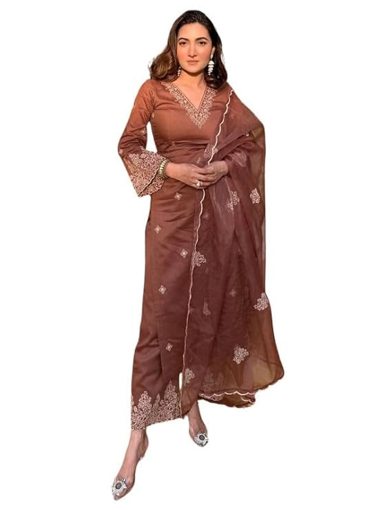 Women Brown Embroidered Kurta Set with Dupatta