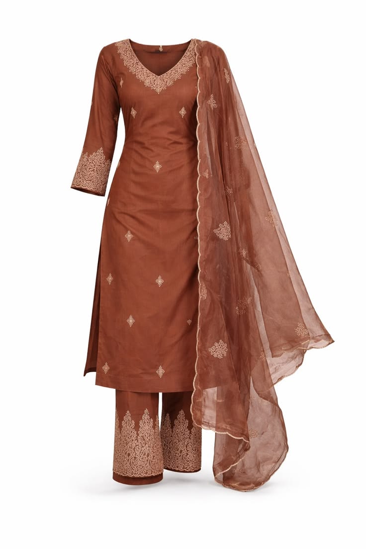 Women Brown Embroidered Kurta Set with Dupatta