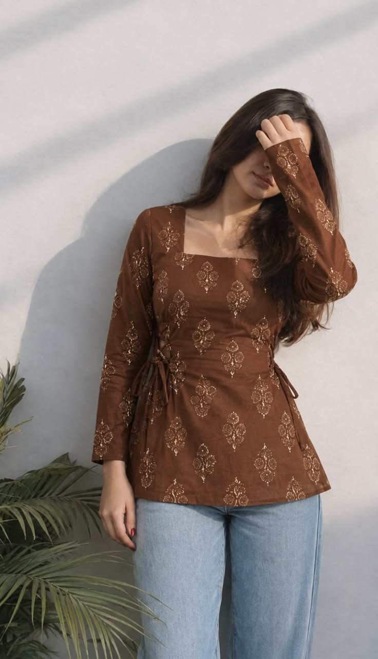 Women Brown Printed Lace-Up Waist Kurti