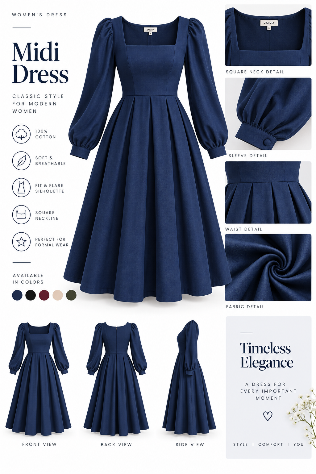 Navy Blue Long Sleeve A-Line Dress