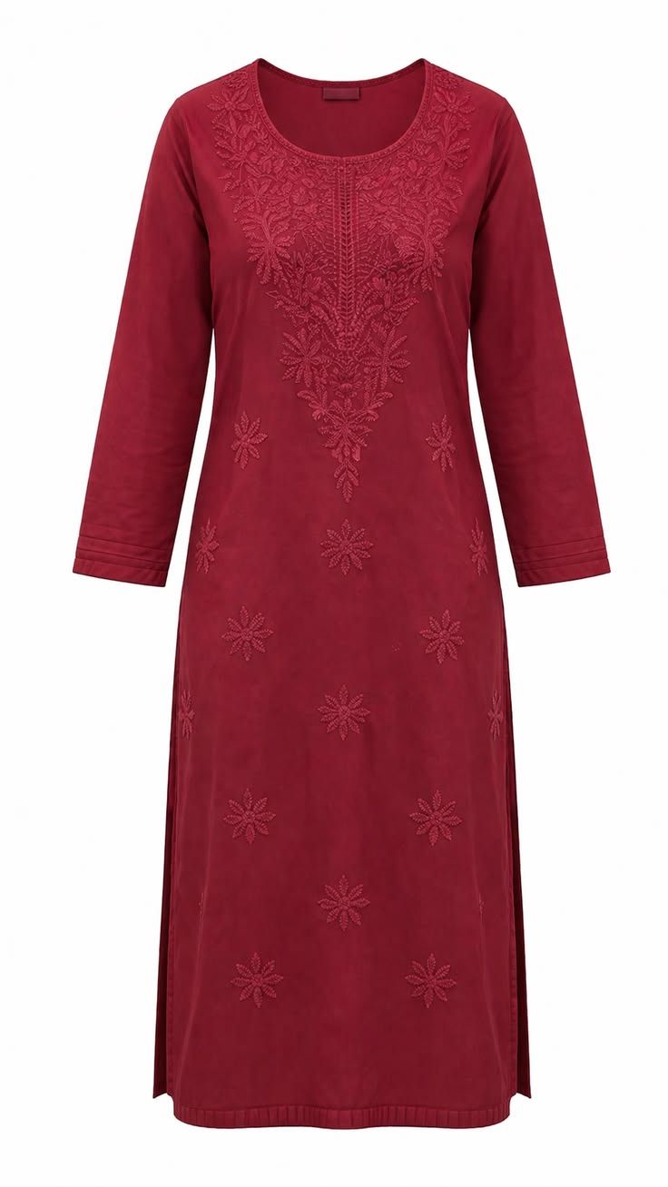 Women Maroon Floral Embroidered Straight Kurti