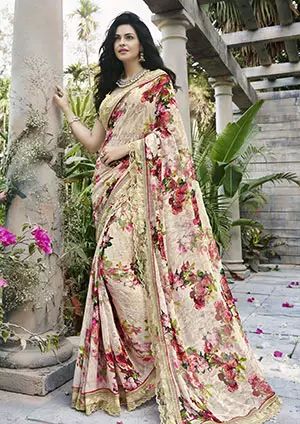 Women Beige Floral Printed Saree with Lace Border