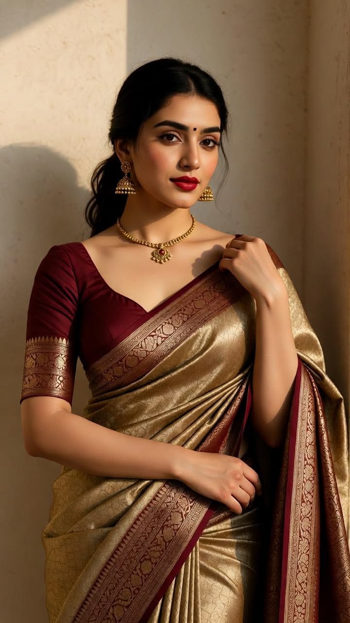 Women Chocolate Brown Satin Saree with Golden Border