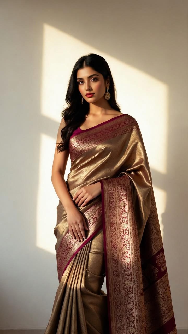 Women Chocolate Brown Satin Saree with Golden Border