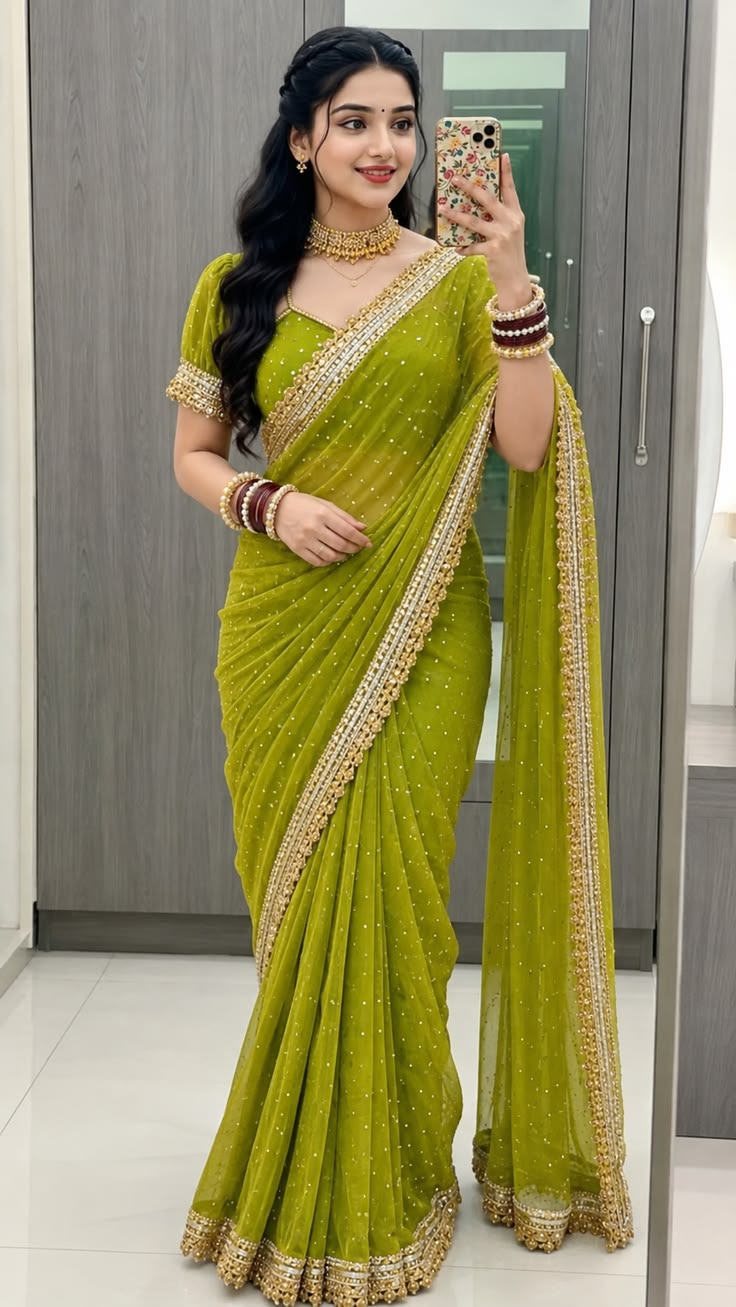 Women Lime Green Embellished Saree with Designer Border