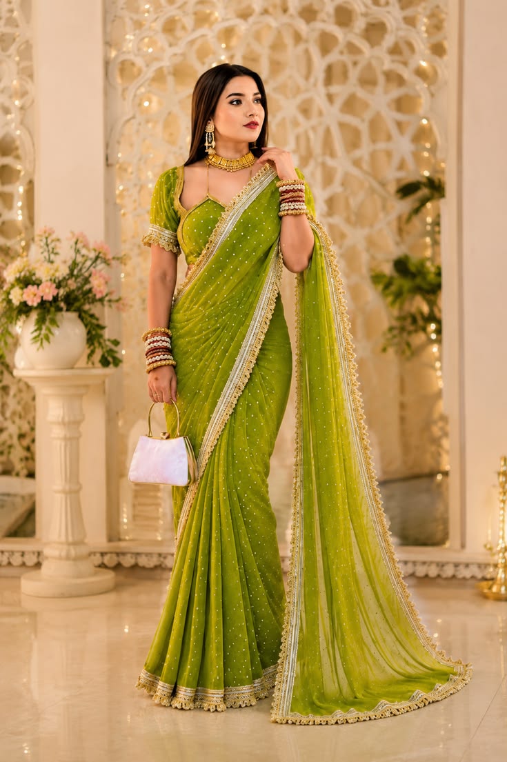 Women Lime Green Embellished Saree with Designer Border