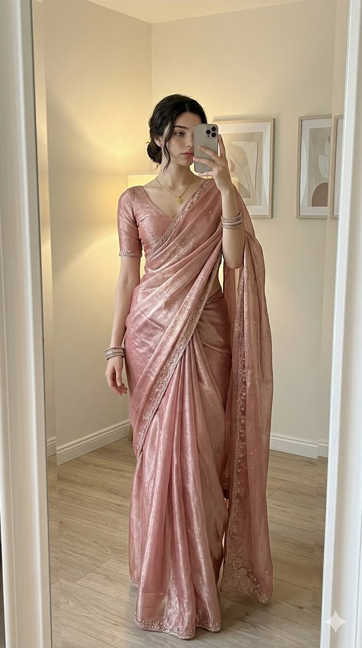 Women Dusty Rose Satin Saree with Gold Lace Border