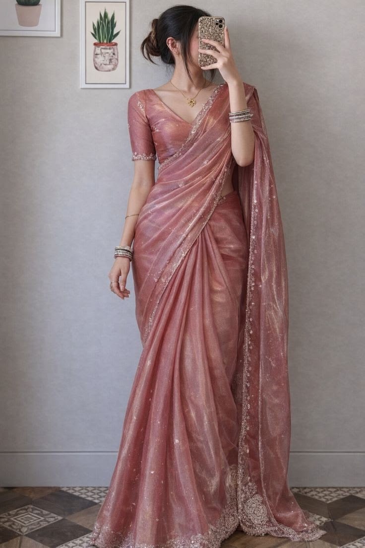 Women Dusty Rose Satin Saree with Gold Lace Border