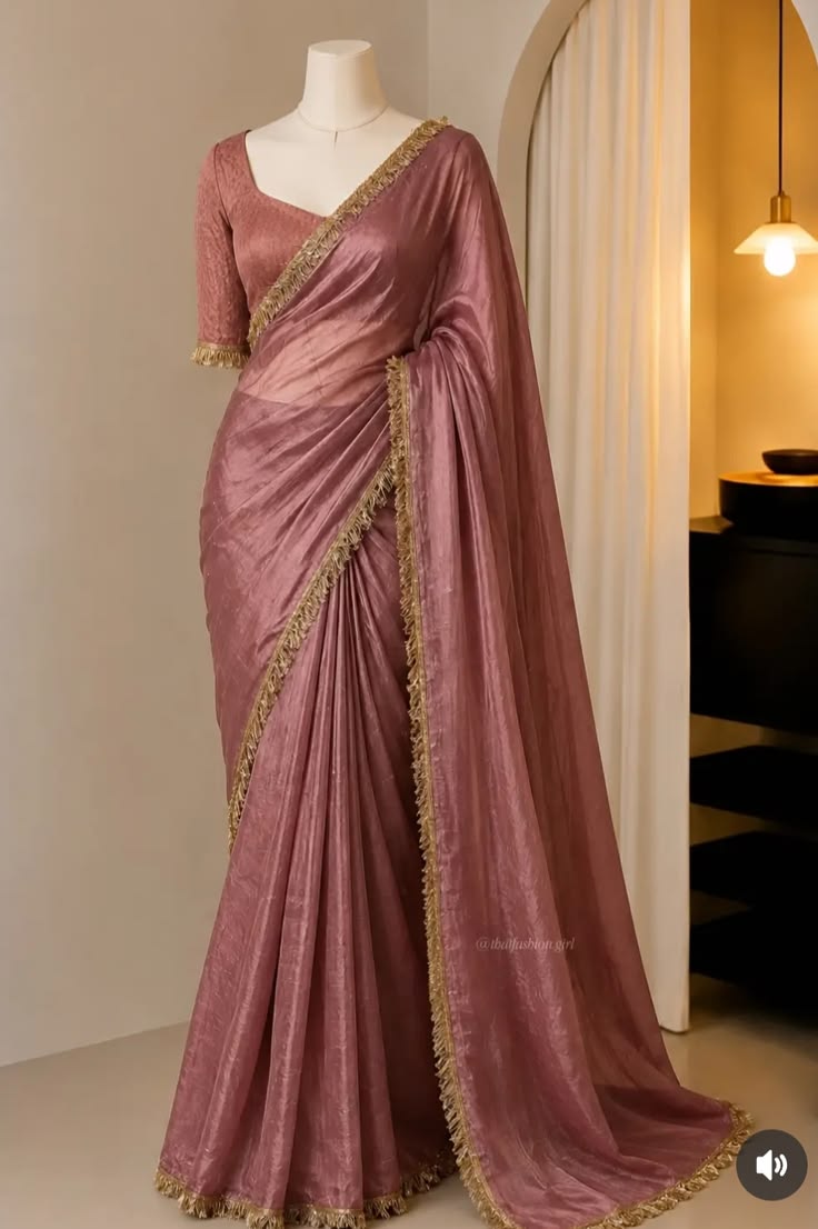 Women Dusty Rose Satin Saree with Gold Lace Border