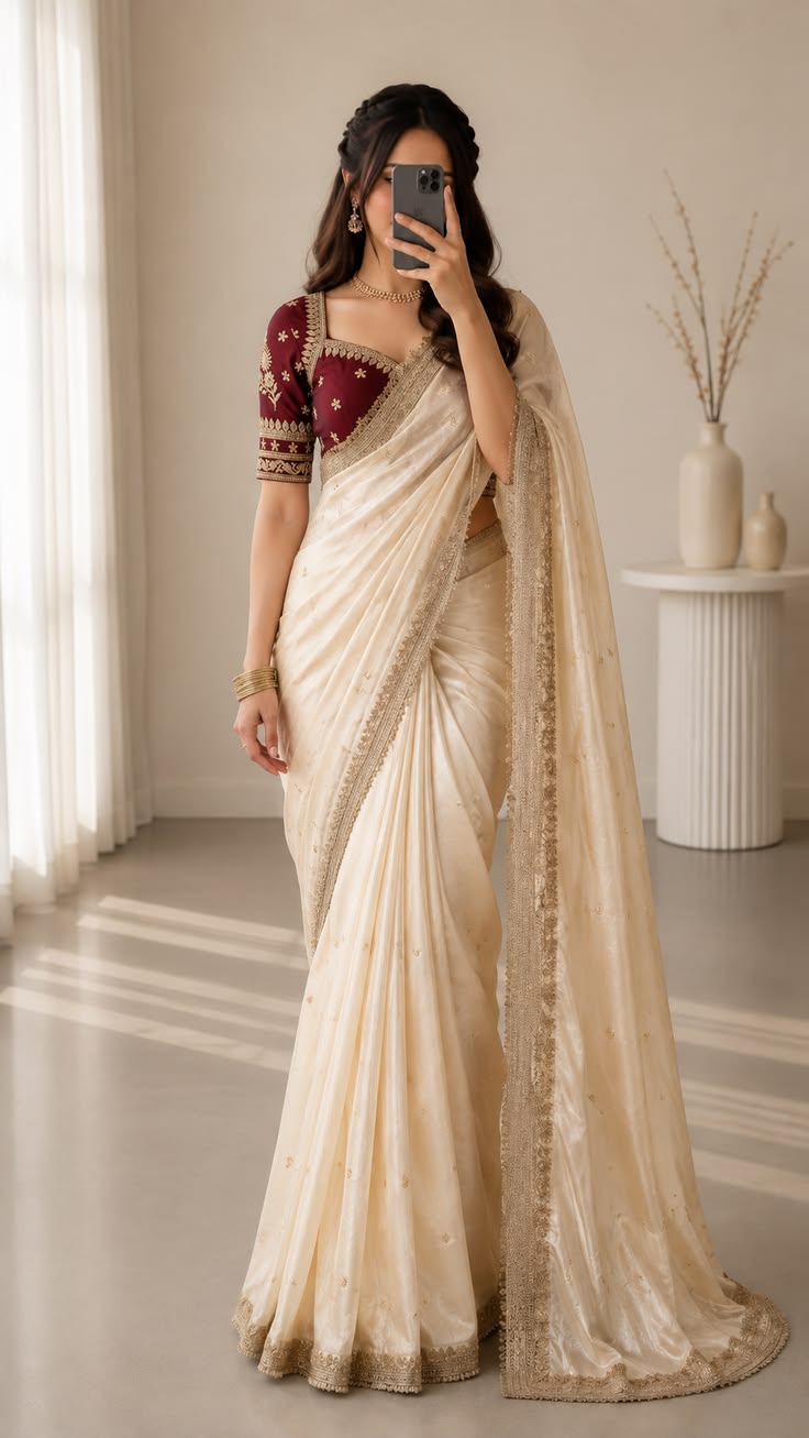 Women White Saree with Maroon Blouse and Gold Embroidery