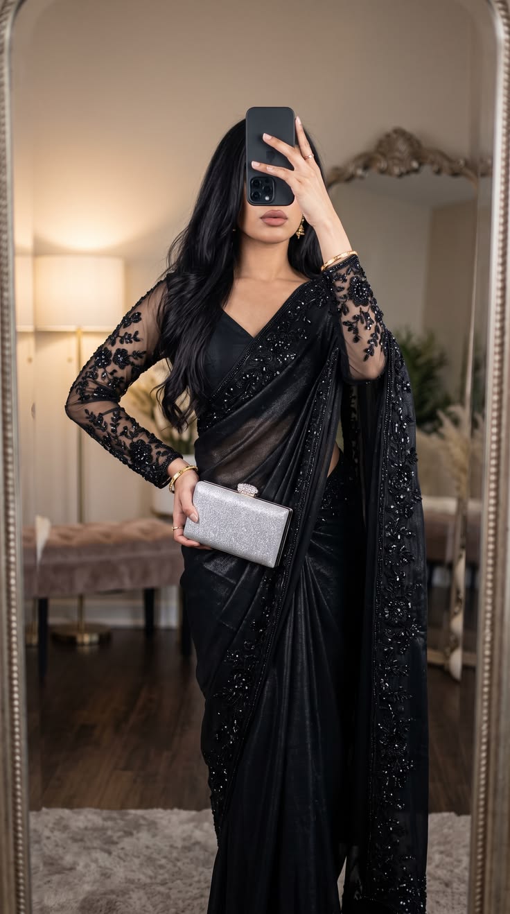 Women Black Sheer Embellished Saree with Beaded Border