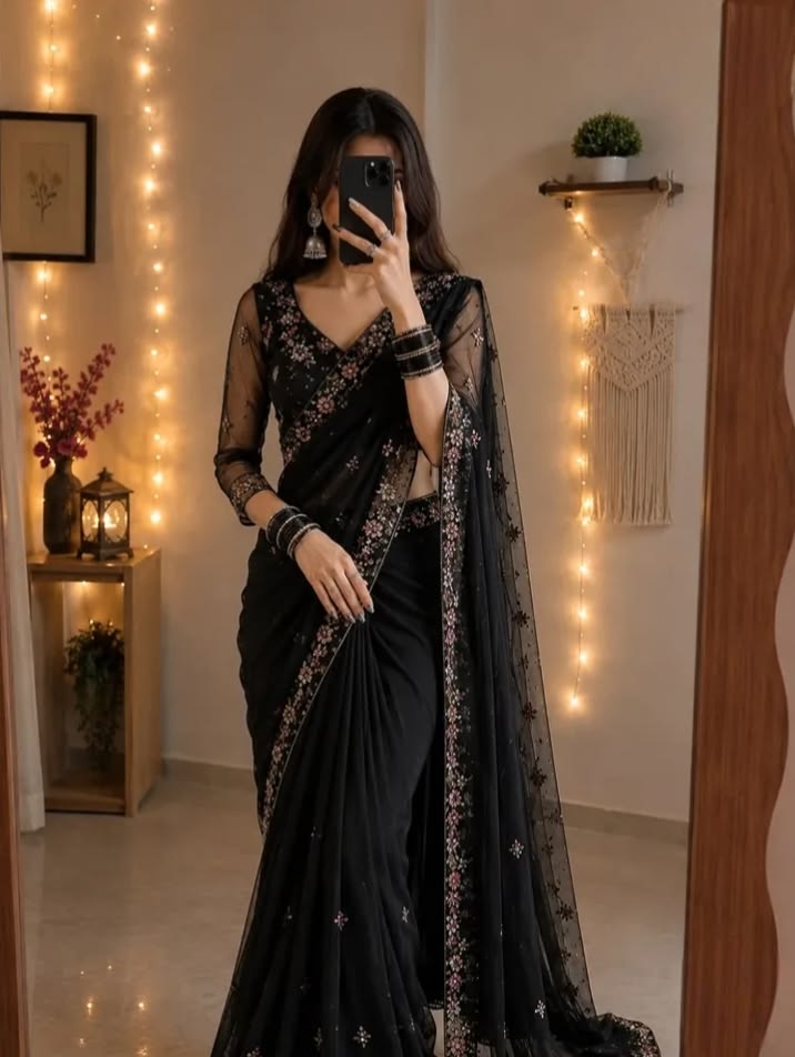 Women Black Sheer Embellished Saree with Beaded Border