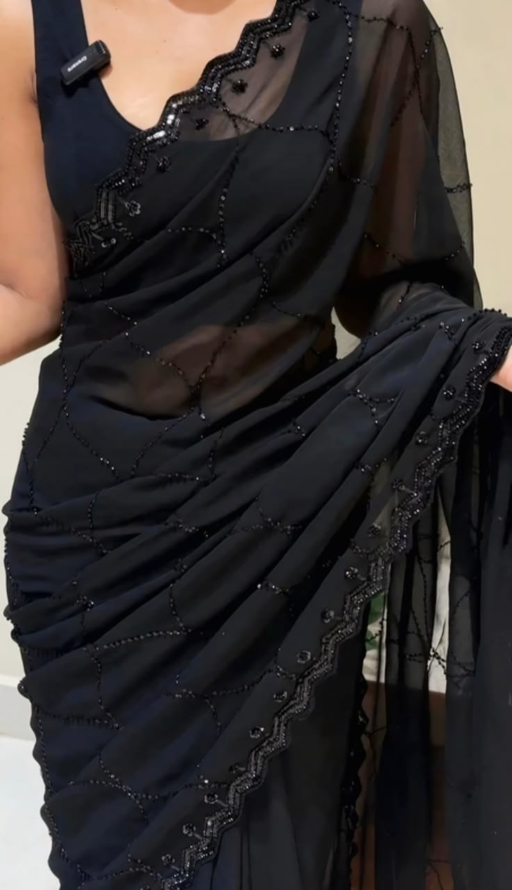 Women Black Sheer Embellished Saree with Beaded Border