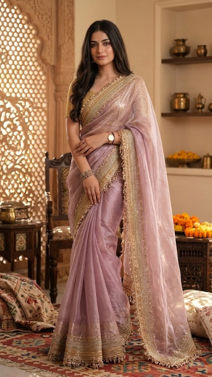 Women Lavender Shimmer Saree with Heavy Golden Border