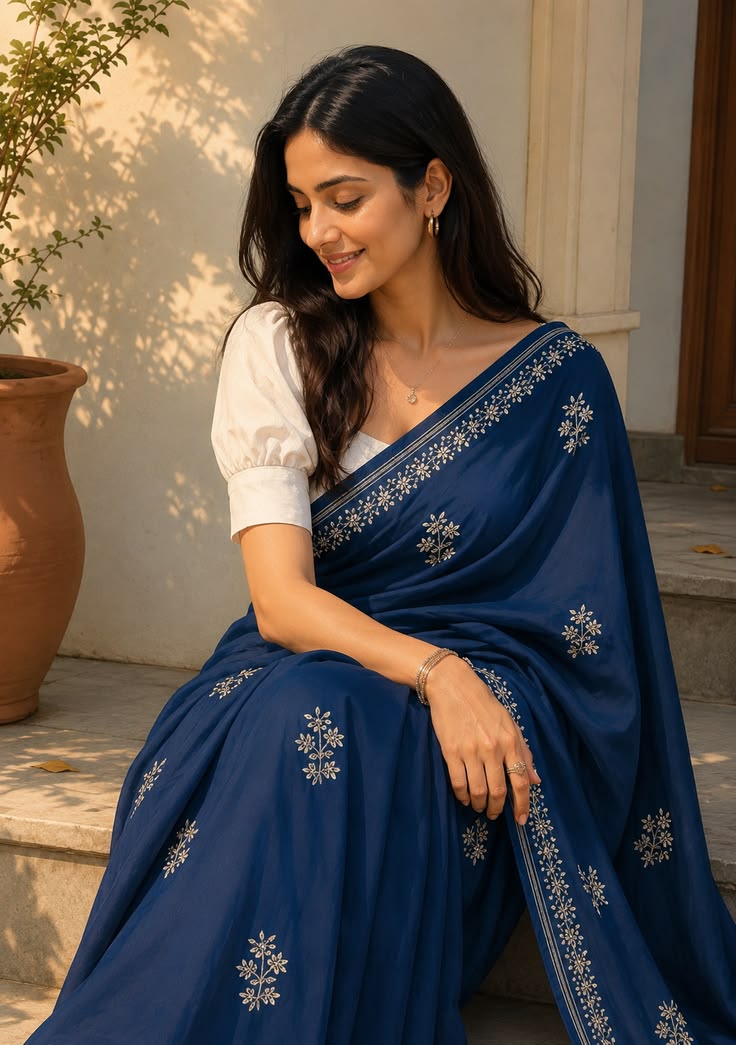 Women Navy Blue Printed Saree with Designer Border