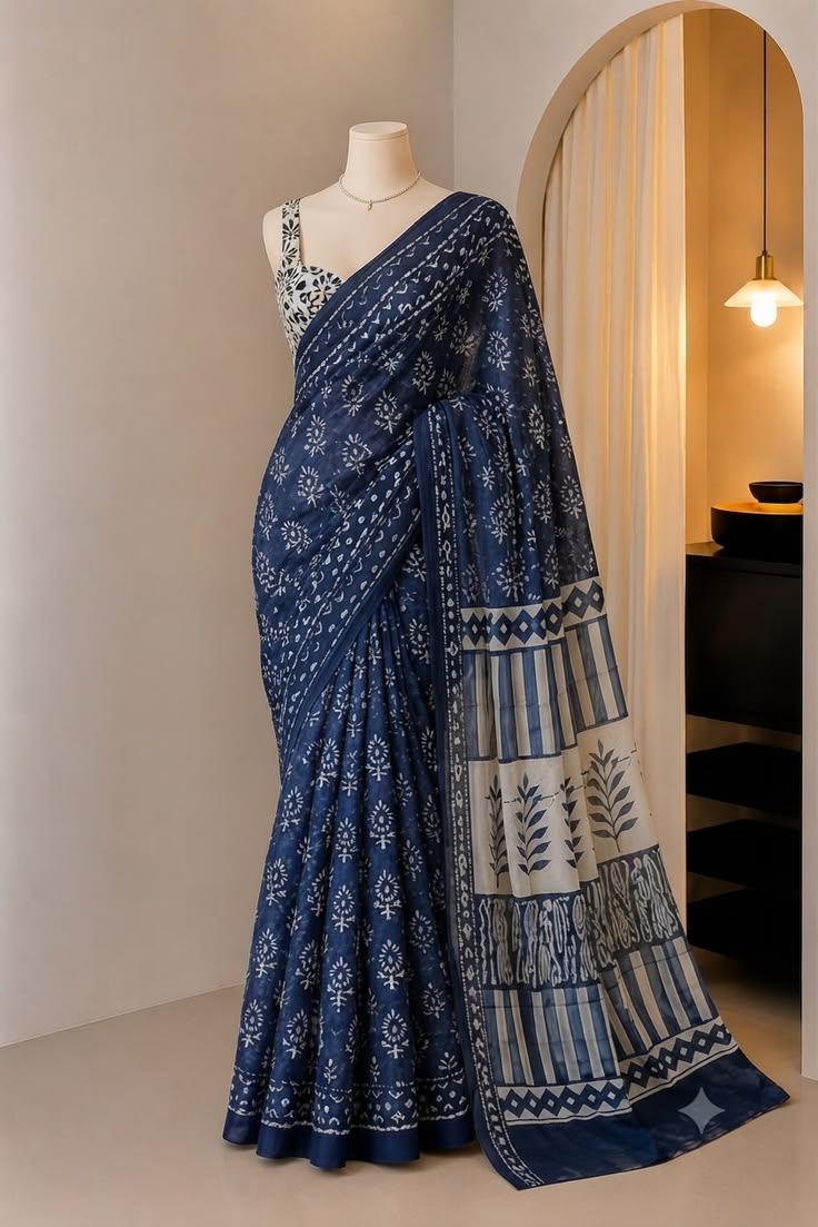 Women Navy Blue Printed Saree with Designer Border