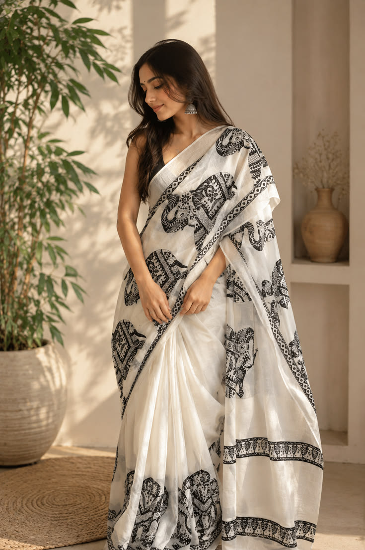 Women White Kalamkari Printed Cotton Saree