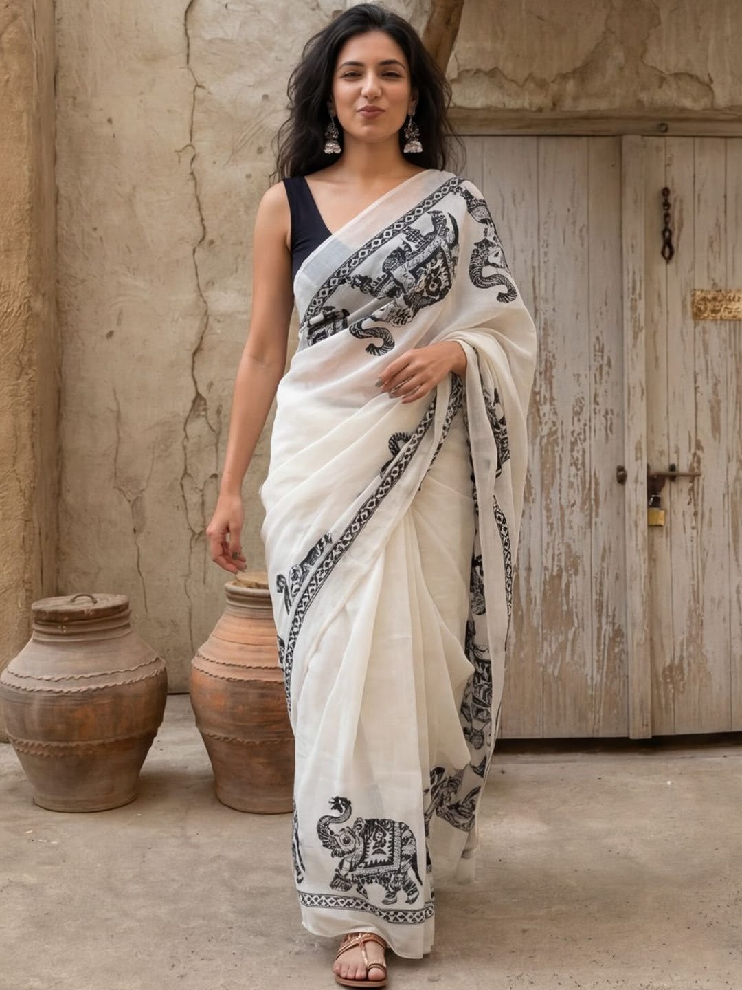 Women White Kalamkari Printed Cotton Saree