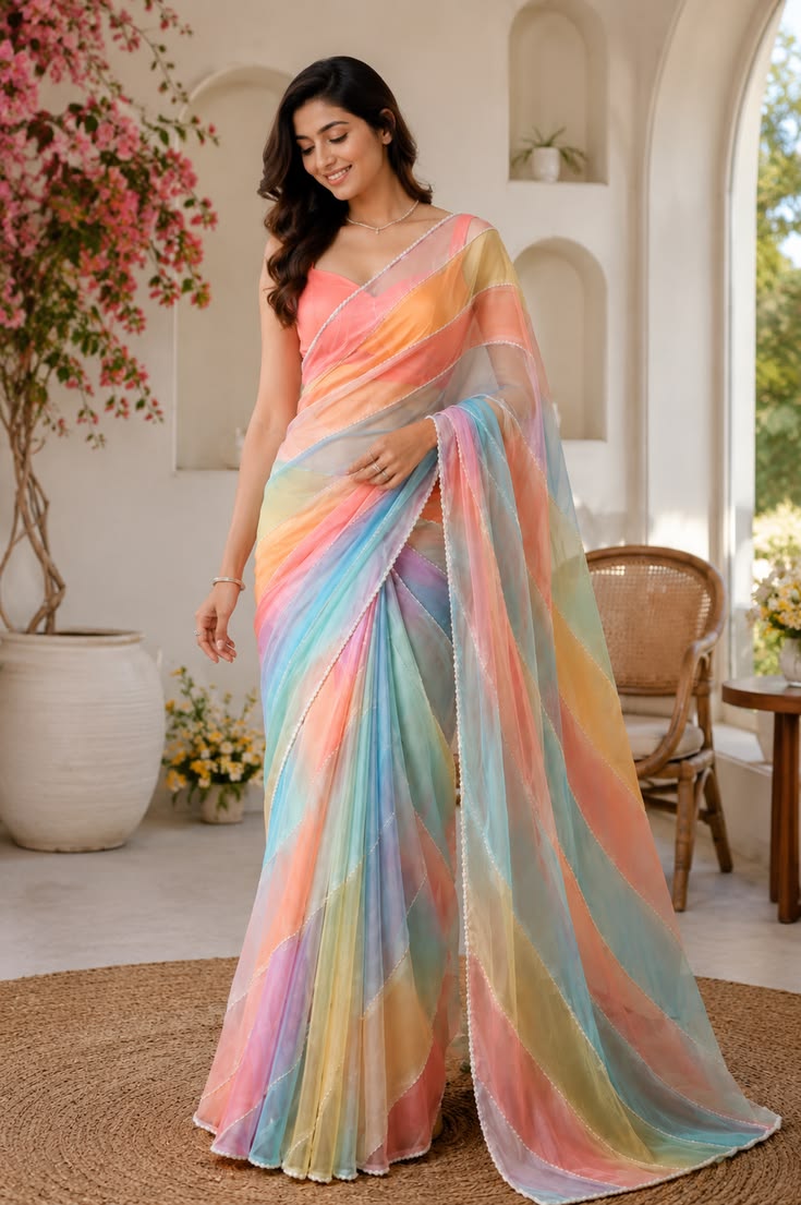 Women Pastel Rainbow Organza Saree with Delicate Border