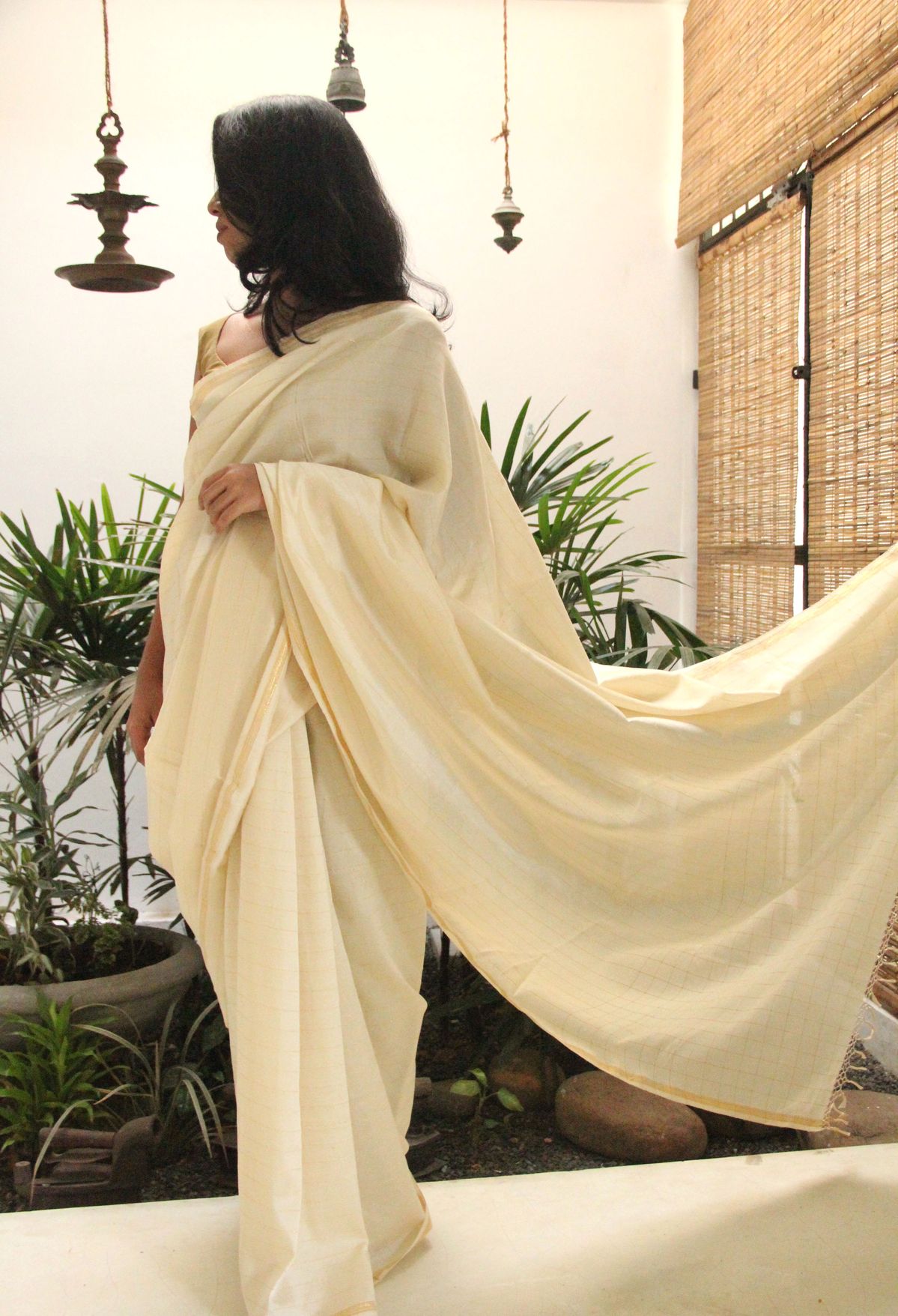 Women Ivory Cotton Saree with Golden Zari Border