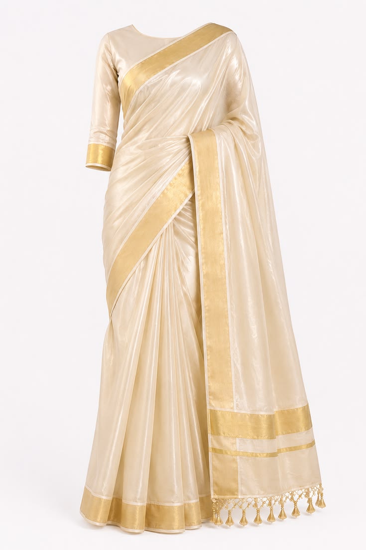 Women Ivory Cotton Saree with Golden Zari Border