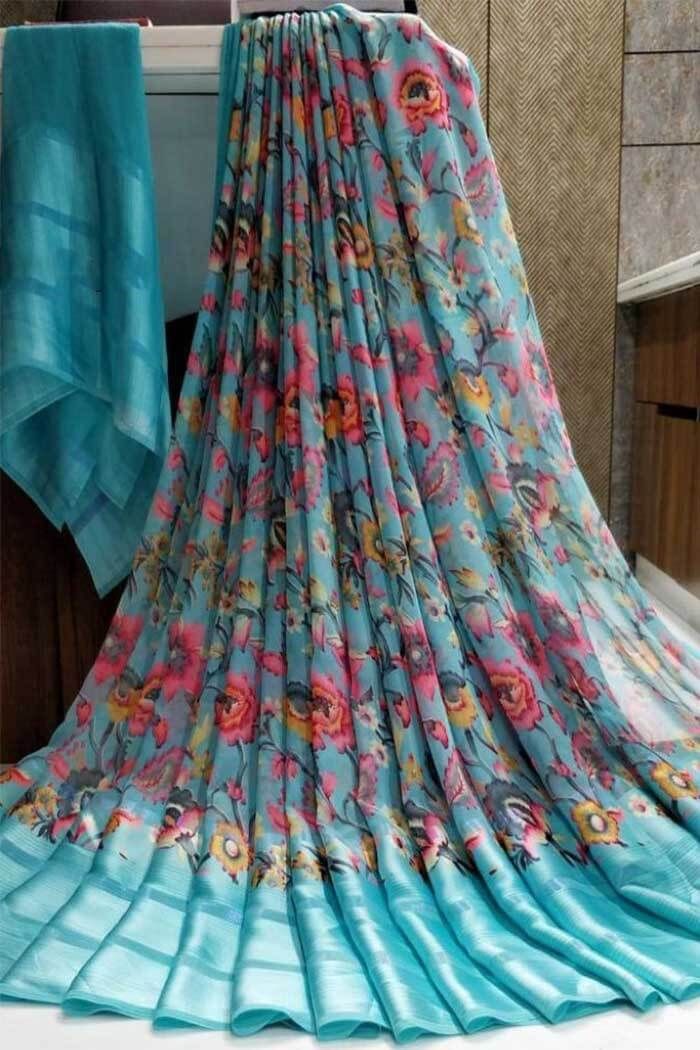 Women Sky Blue Floral Printed Cotton Saree