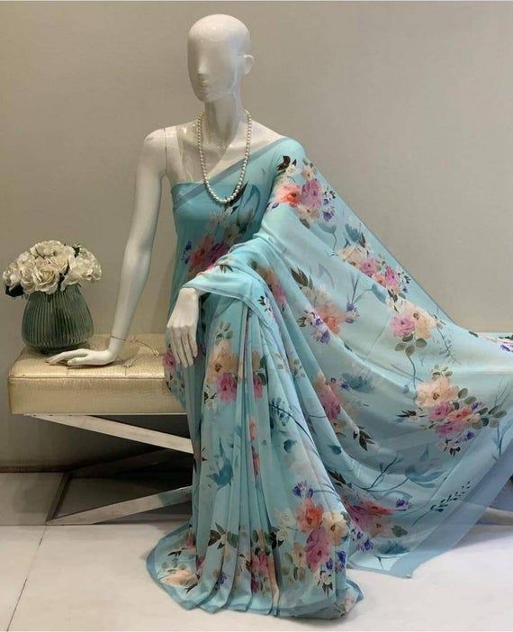 Women Sky Blue Floral Printed Cotton Saree