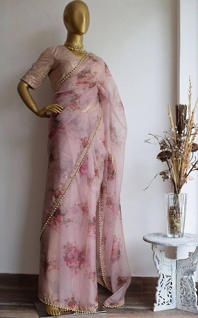 Women Baby Pink Floral Printed Saree with Embellished Border