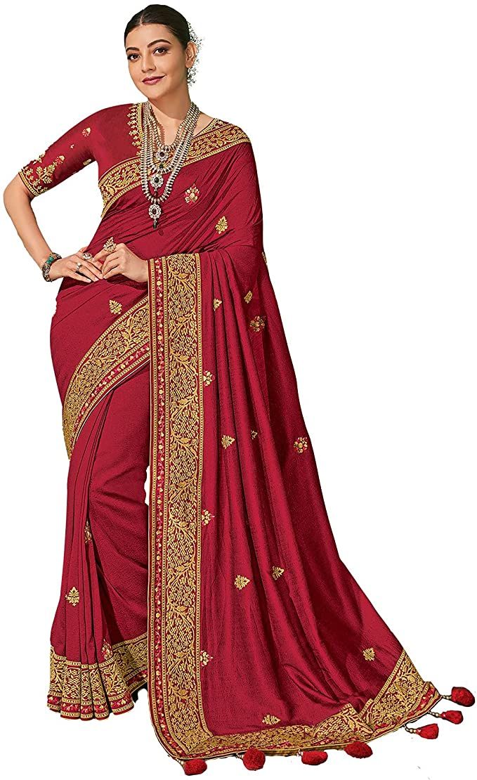 Women Wine Embroidered Silk Saree with Heavy Gold Border