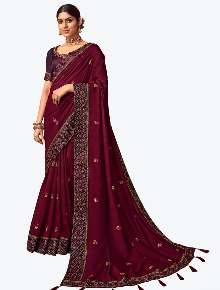 Women Wine Embroidered Silk Saree with Heavy Gold Border