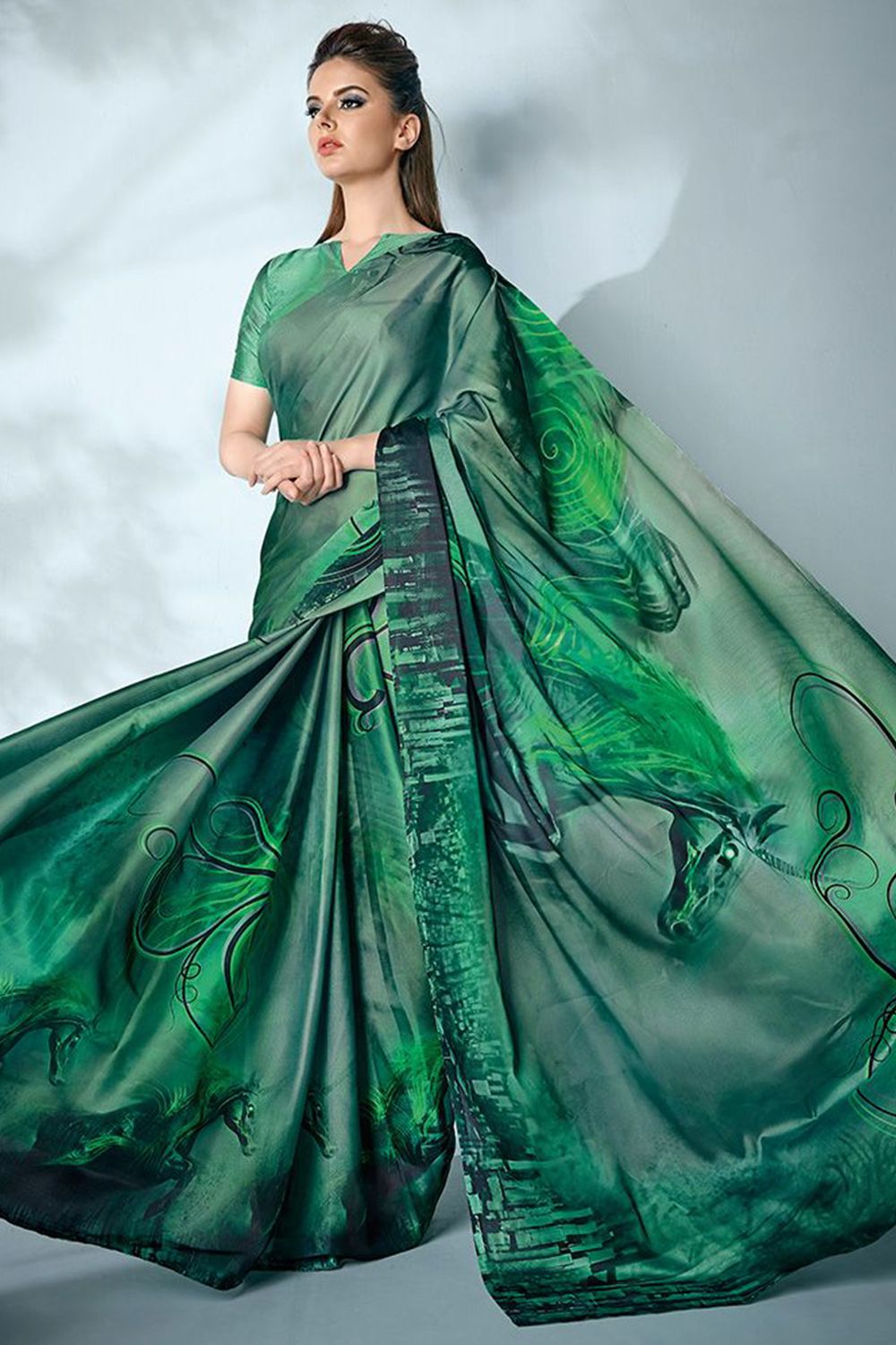 Women Emerald Green Satin Saree with Golden Abstract Border