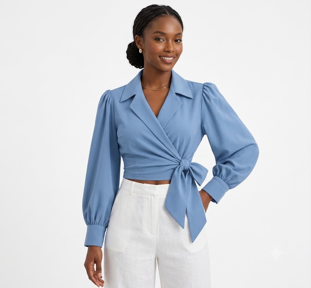 Women Puff Sleeve Wrap Tie Blouse