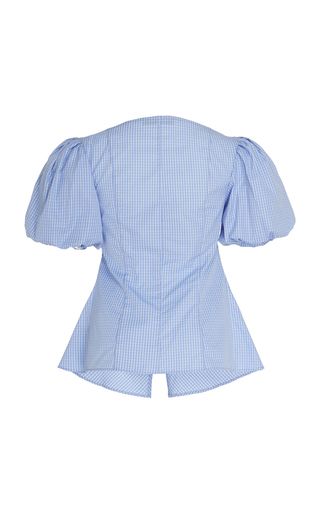 Women Blue Striped Peplum Puff Sleeve Blouse