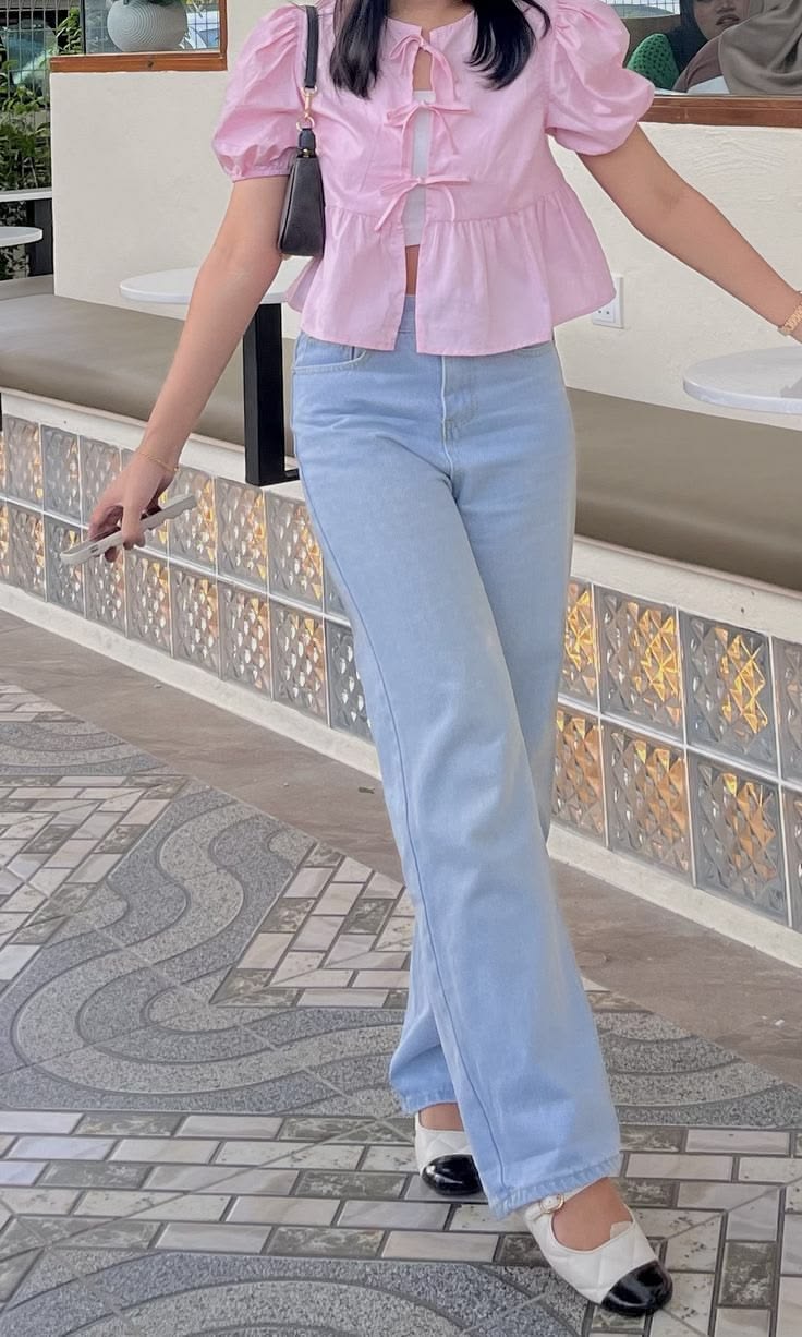 Women Pink Bow Tie Peplum Blouse