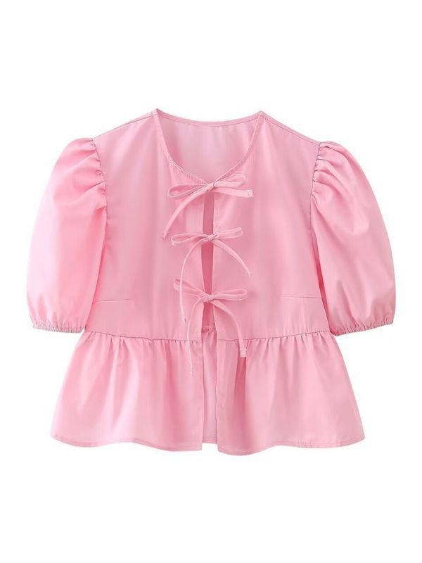 Women Pink Bow Tie Peplum Blouse