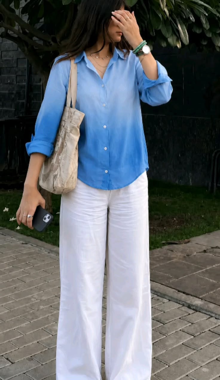 Women Light Blue Casual Button-Down Shirt