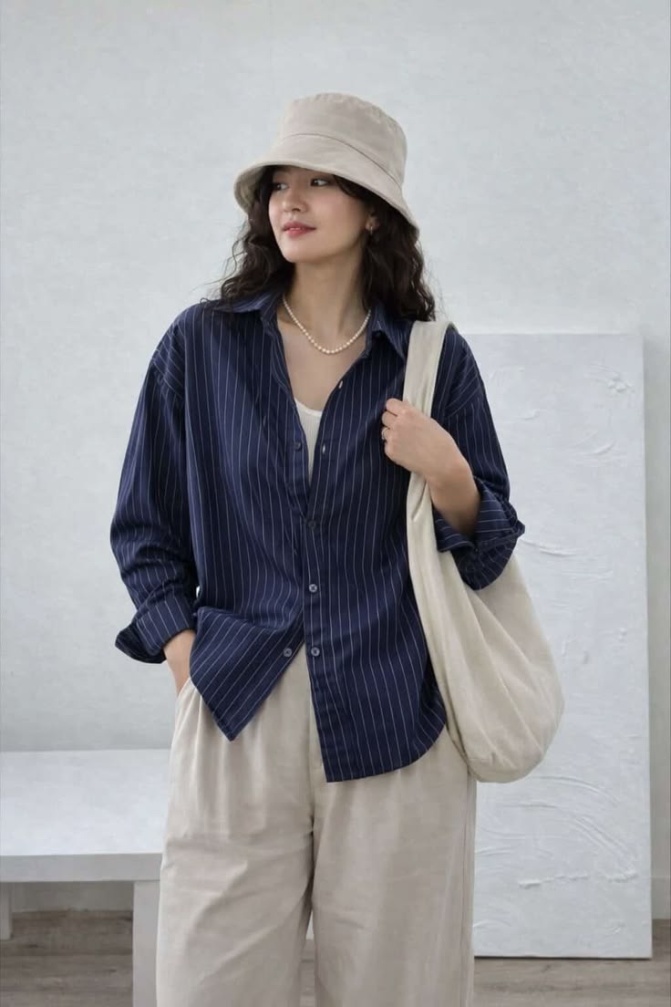 Women Navy Blue Pinstripe Shirt