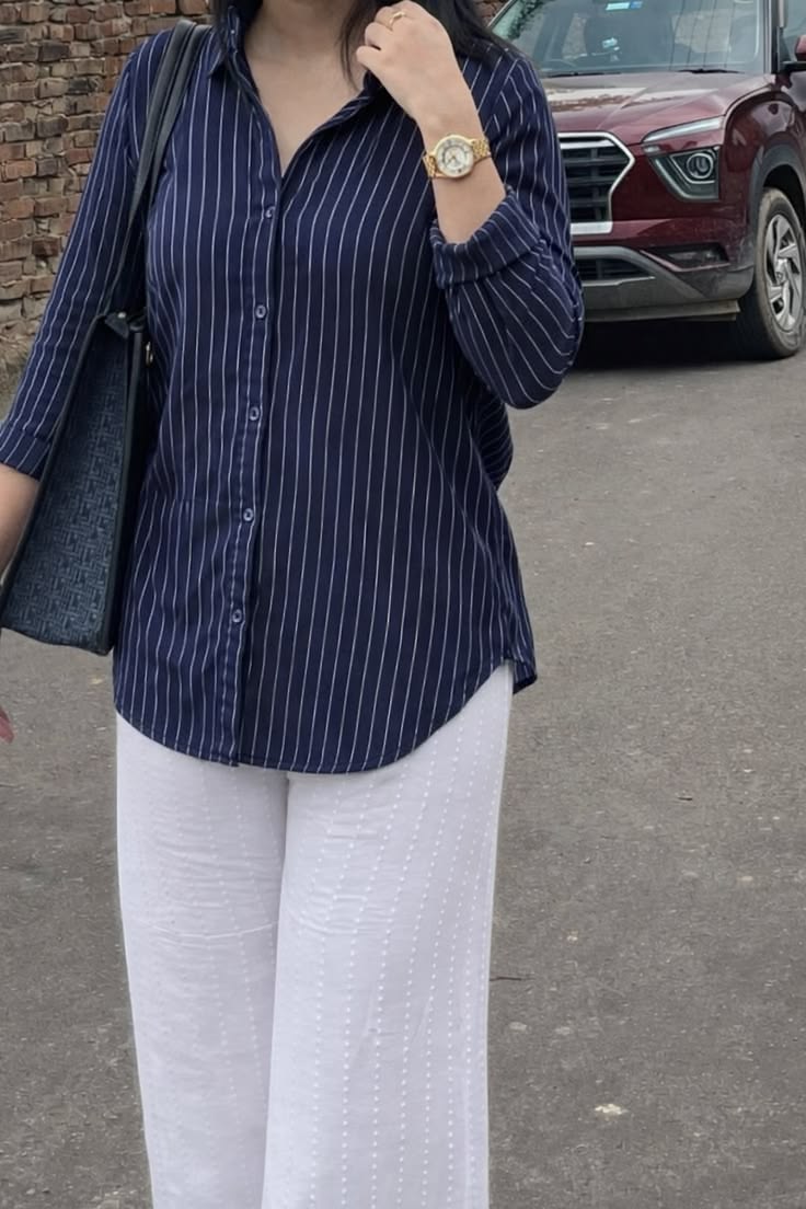 Women Navy Blue Pinstripe Shirt